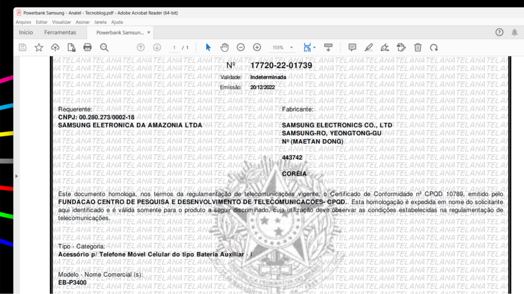 Certificado de homologação da powerbank da Samsung (Imagem: Reprodução/Tecnoblog)