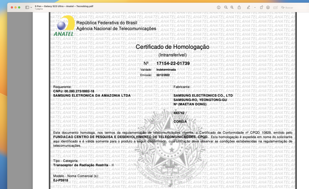 Certificado de homologação da S Pen do Galaxy S23 Ultra (Imagem: Reprodução/Tecnoblog)
