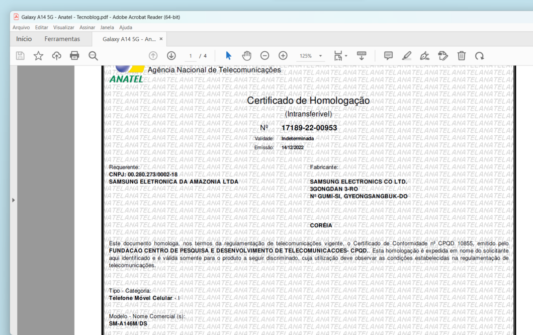 Galaxy A14 5G é homologado pela Anatel (Imagem: Reprodução/Tecnoblog)
