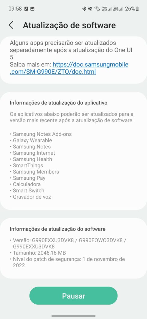 Atualização para o Android 13 no S21 FE (Imagem: Reprodução/Tecnoblog)