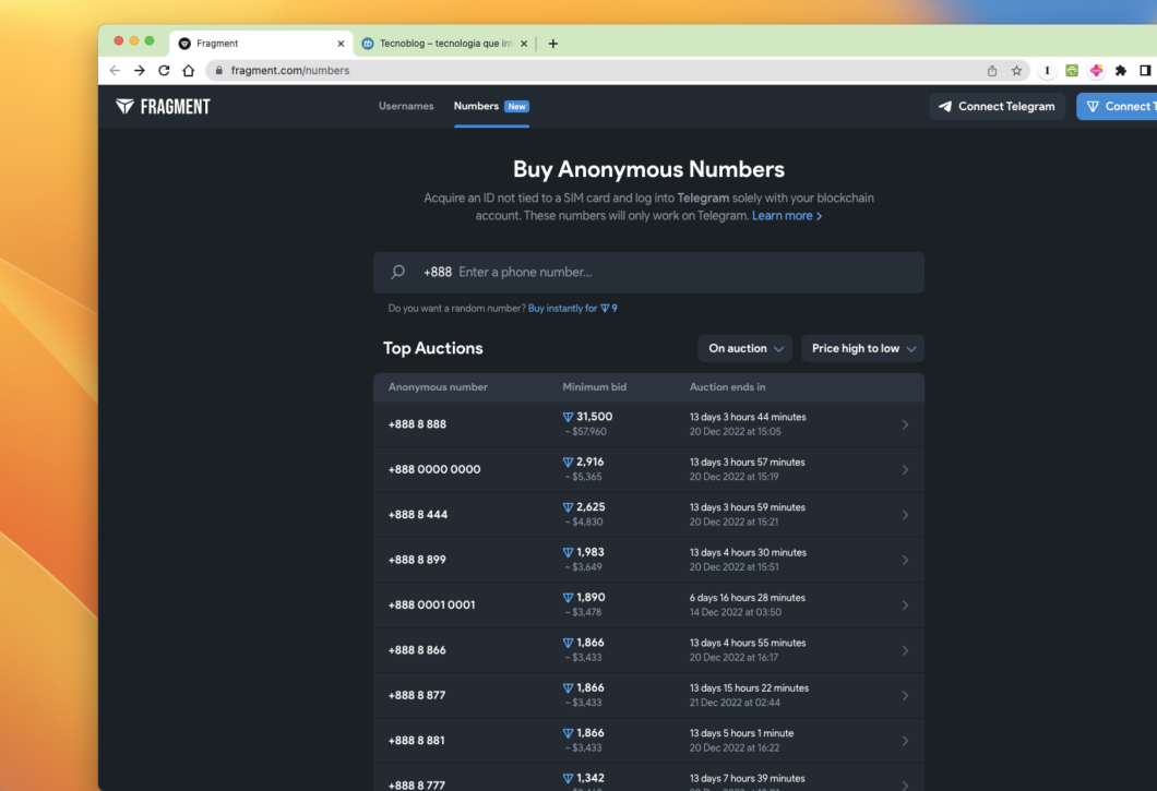 Fragment sells anonymous numbers to be used on Telegram (Image: Reproduction/Tecnoblog)