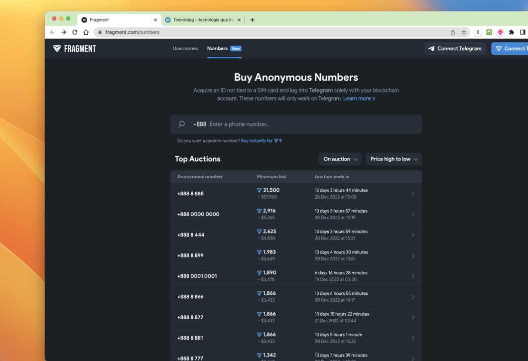 Fragment vende números anônimos para serem usados no Telegram (Imagem: Reprodução/Tecnoblog)