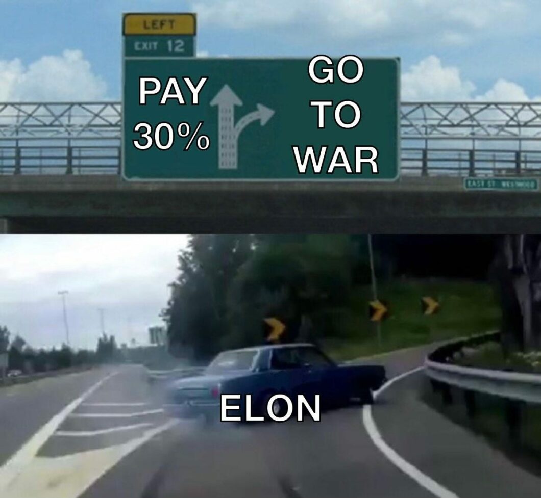 Meme publicado por Elon Musk em seu perfil do Twitter para questionar a taxa de 30% da Apple (Imagem: Reprodução/Twitter)