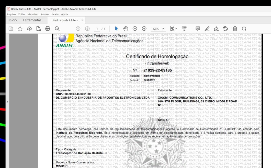 Certificado de homologação do Redmi Buds 4 Lite (Imagem: Reprodução/Tecnoblog)