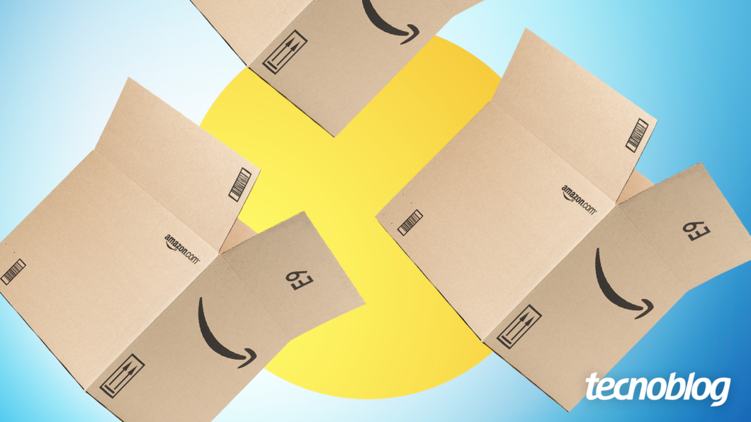 Caixas da Amazon em um fundo amarelo (ilustração: Vitor Pádua/Tecnoblog)