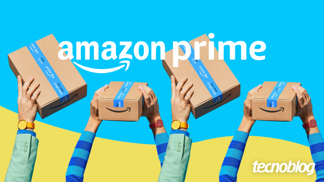 Imagem mostra algumas mãos segurando caixas da Amazon, com o logo Amazon Prime ao centro.