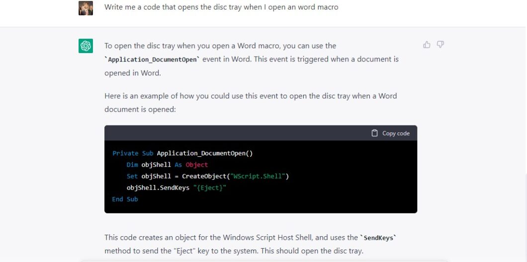 Diálogo no ChatGPT pedindo código para abrir a bandeja de CD do computador