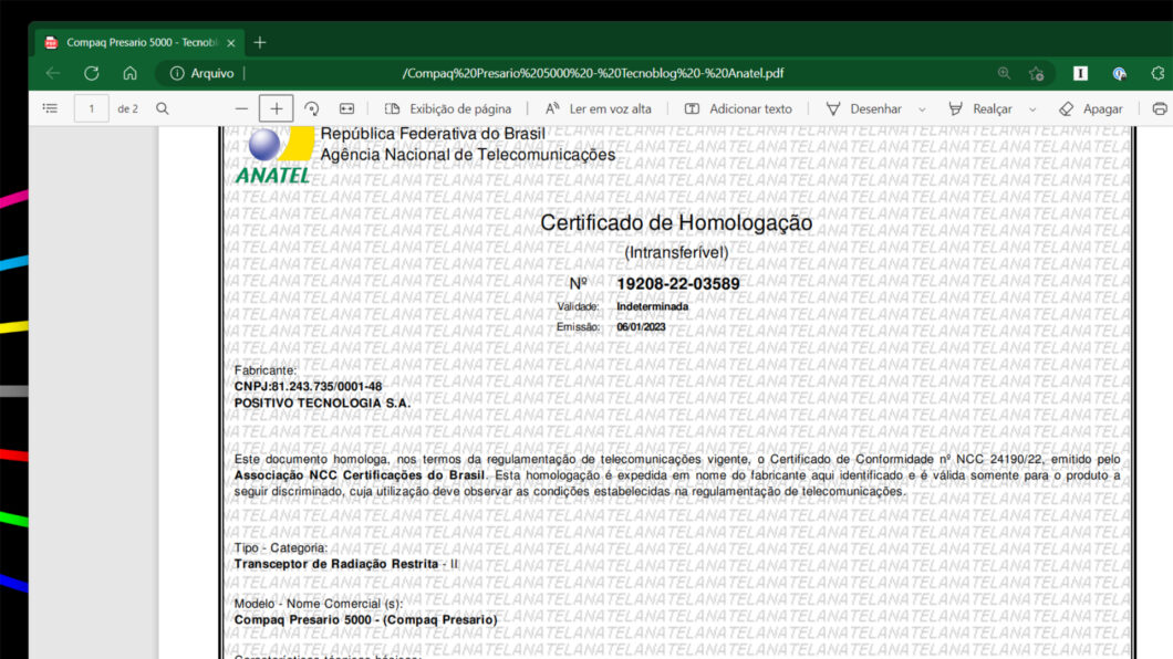 Certificado de homologação do Compaq Presario 5000 (Imagem: Reprodução/Tecnoblog)