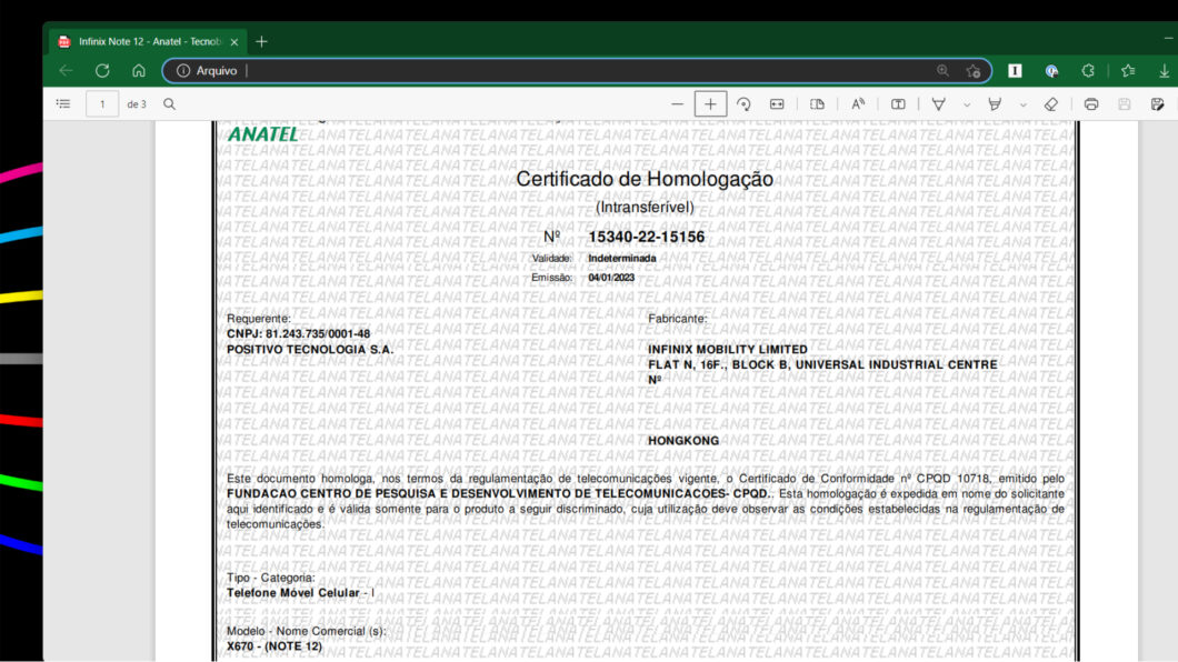 Certificado de homologação do Infinix Note 12 (Imagem: Reprodução/Tecnoblog)