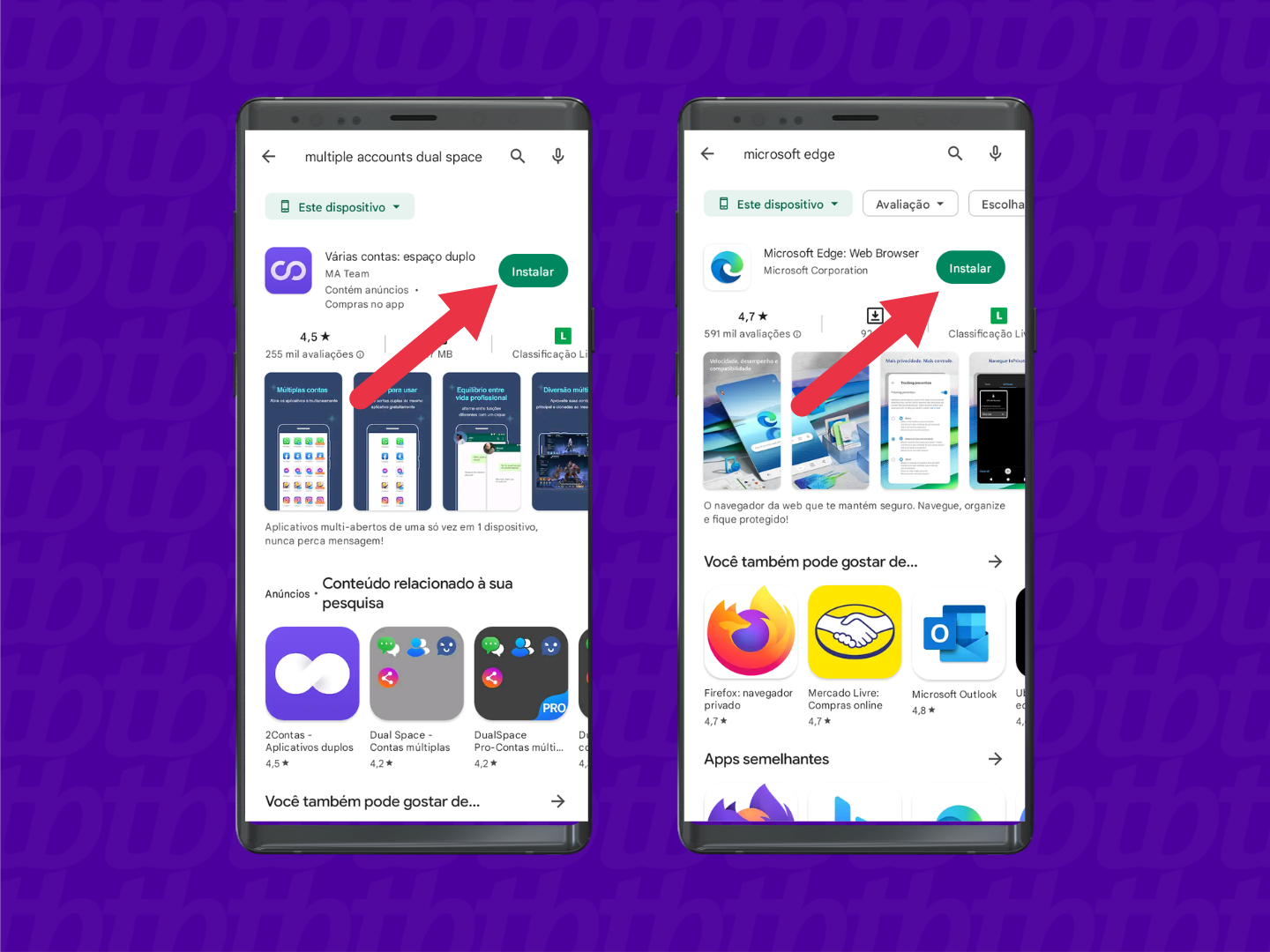 Imagem de telas do Android apontando para os botões de download dos apps Multiple Spaces e Microsoft Edge
