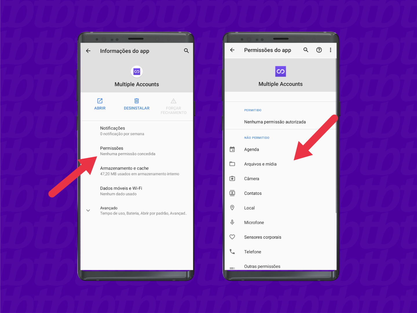 Imagem de telas de configurações do Android, com setas apontando para o botão "Permissões" e, depois, para a lista de permissões do app