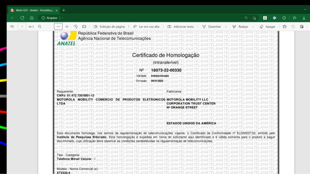 Certificado de homologação do Moto G23 (Imagem: Reprodução/Tecnoblog)