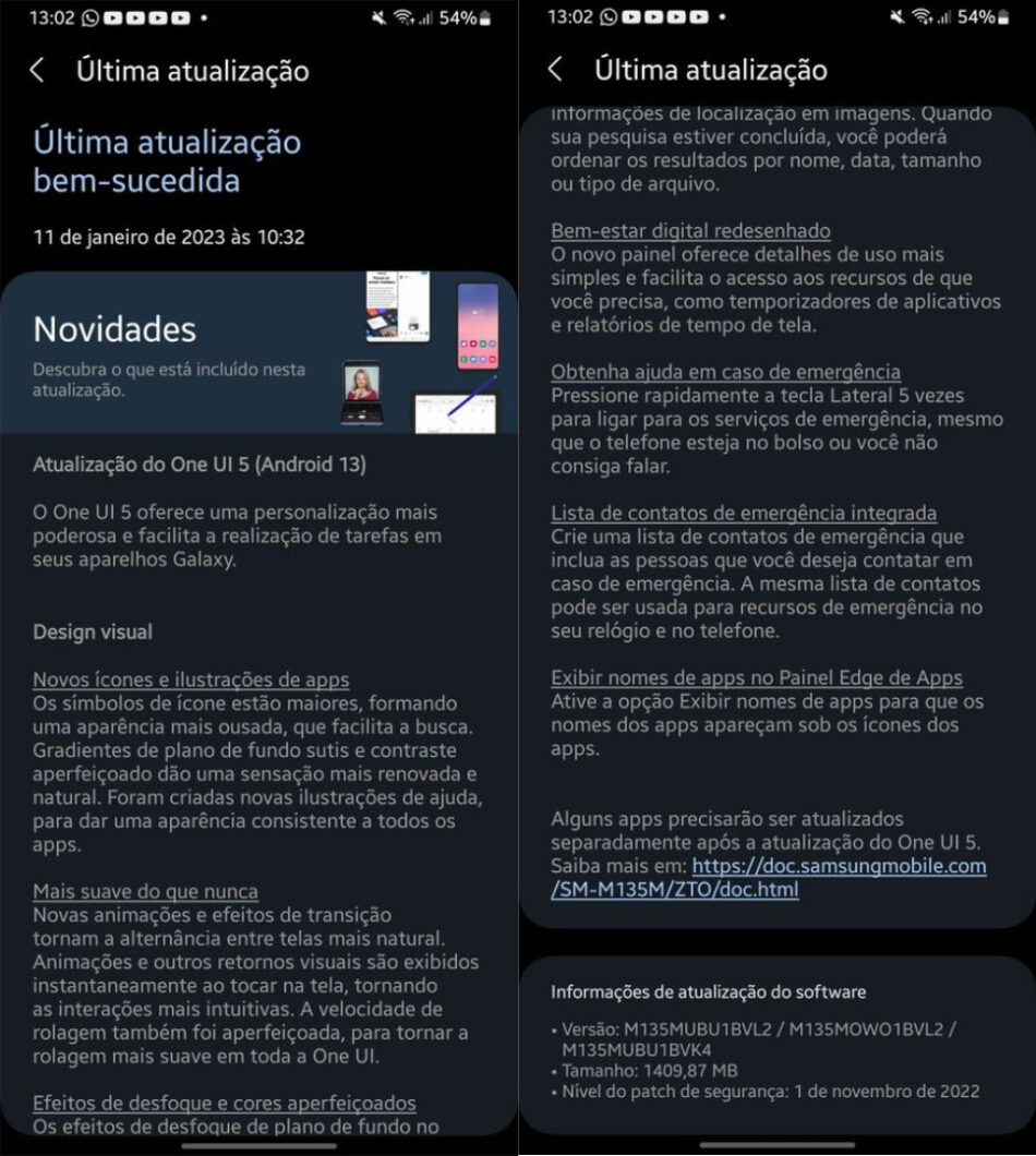 Atualização do Android 13 para o Galaxy M13 (Imagem: Reprodução/Samsung Members) 