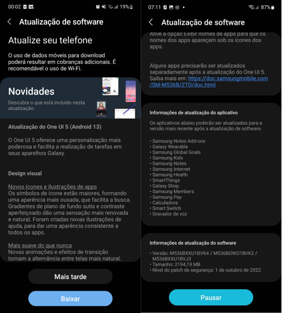 Galaxy S10 Lite e M53 são atualizados para o Android 13 (Imagem: Reprodução/Samsung Members)