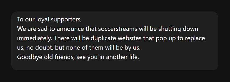 Mensagem de despedida do SoccerStreams (Imagem: Reprodução/TorrentFreak)