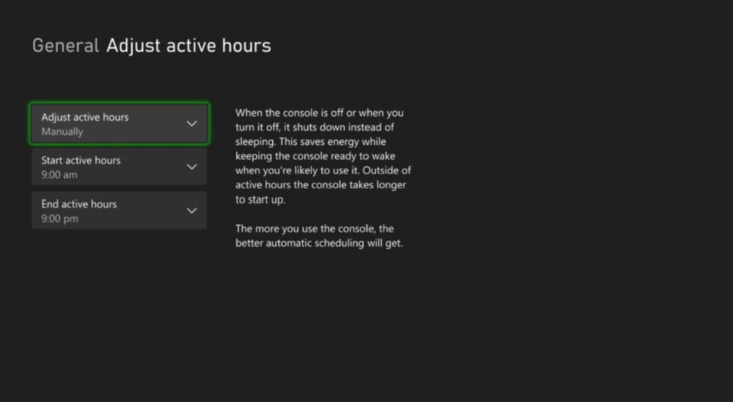 Configuração do Active Hours do Xbox (Imagem: Divulgação/Microsoft)