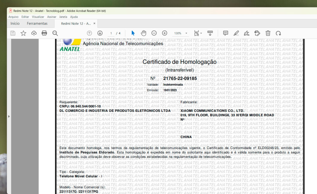 Certificado de homologação do Redmi Note 12 5G e Poco X5 (Imagem: Reprodução/Tecnoblog)