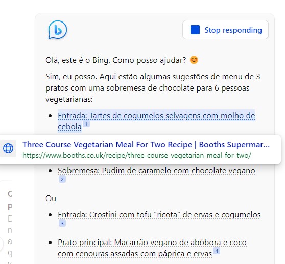 Chat do Bing possui links para as fontes das suas respostas (Imagem: Reprodução/Tecnoblog)