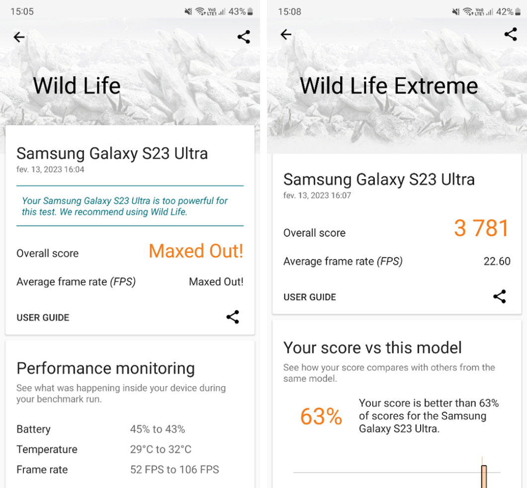 Testes do Galaxy S23 Ultra no Wild Life e Wild Life Extreme do 3DMark (Imagem: Reprodução/Tecnoblog)