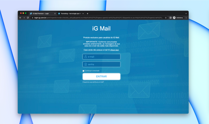 Página do iG Mail com o informe: "Conforme comunicados enviados anteriormente, as mensagens da sua caixa de e-mail não estão mais disponíveis."