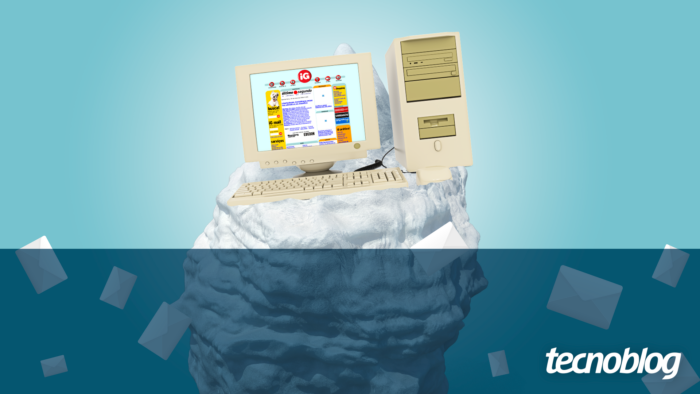 montagem com um computador antigo em cima de um iceberg e exibindo a página inicial do iG nos anos 2000