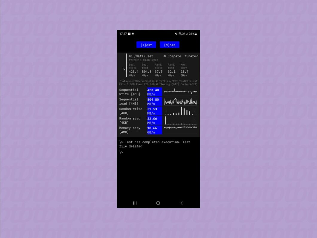 Testes de velocidade da memória flash UFS 4.0 do Galaxy S23 Ultra (Imagem: Reprodução/Tecnoblog)