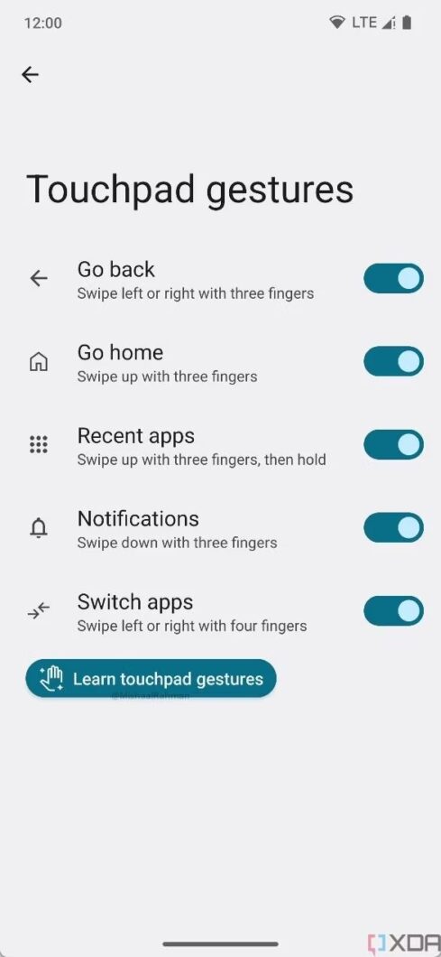 Android 14 menu para touchpad (Imagem: Reprodução/XDA-Developers)