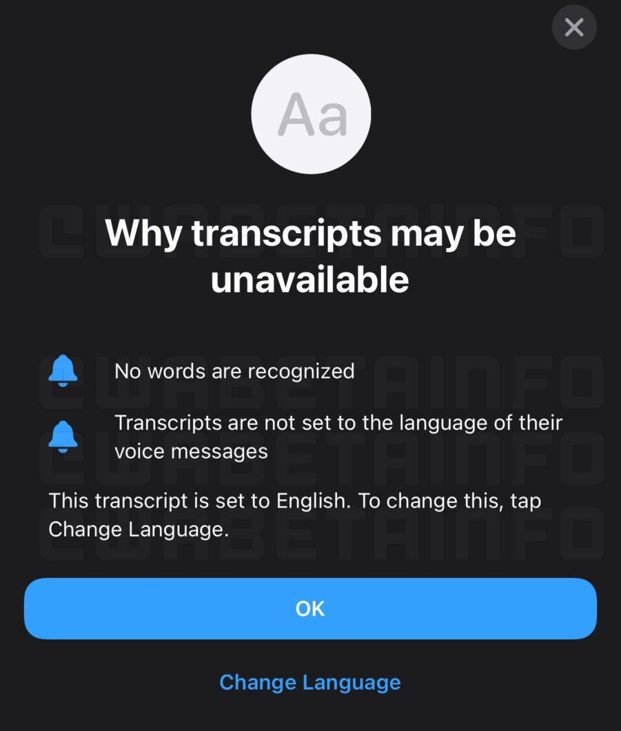 Notificação da ferramenta de transcrição de áudio do WhatsApp explica funcionamento do recurso (Imagem: Reprodução/WABetaInfo)
