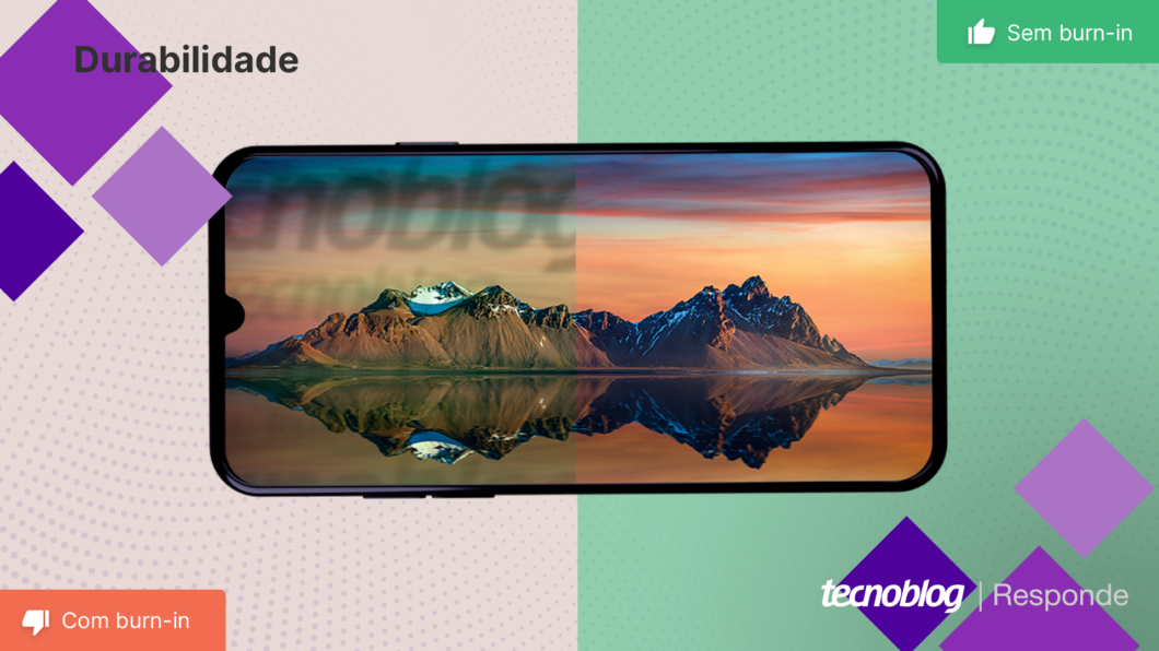 Tela de celular com burn-in (à esquerda) vs. tela de celular sem burn-in (Imagem: Vitor Pádua/Tecnoblog)