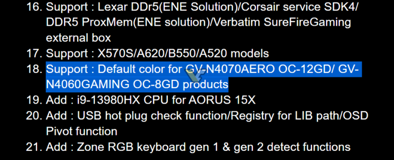 RTX 4070 e RTX 4060 aparecem na lista de modelos compatíveis com o Gigabyte Control Center (Imagem: Reprodução/VideoCardz)
