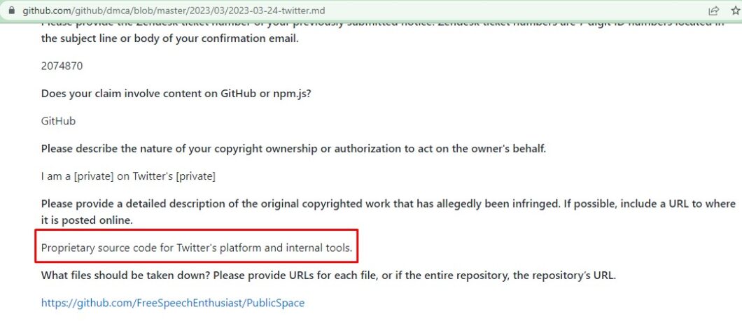 Trecho do pedido de remoção enviado pelo Twitter ao GitHub (Imagem: Reprodução/Tecnoblog)