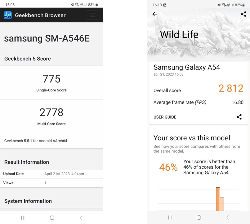 Desempenho do Galaxy A54 no Geekbench 5 e 3DMark (imagem: Emerson Alecrim/Tecnoblog)