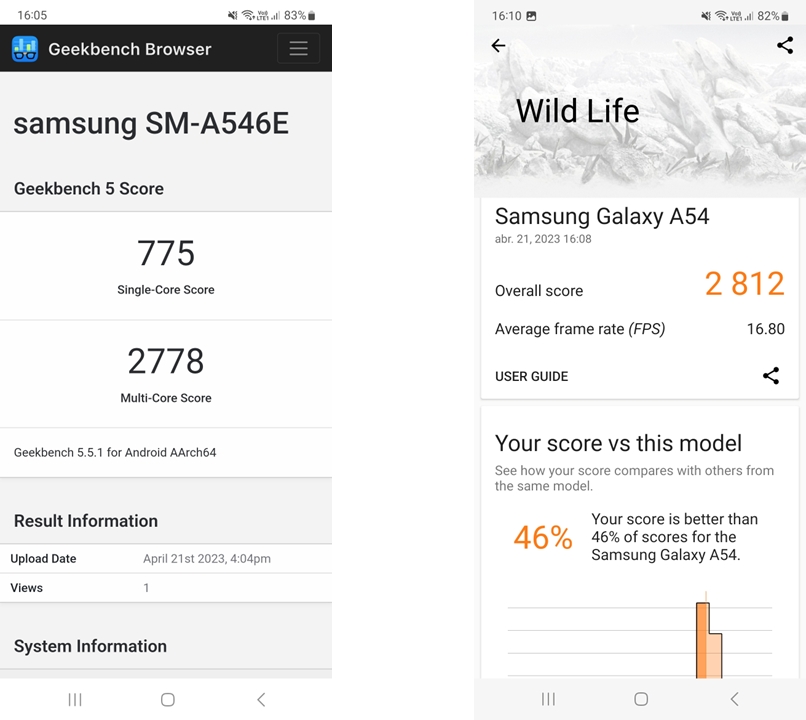 Desempenho do <a href='https://meuspy.com/tag/Espionar-Galaxy'>Galaxy</a> A54 no Geekbench 5 e 3DMark (imagem: Emerson Alecrim/Tecnoblog)