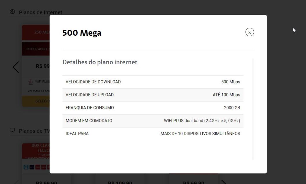 Site da Claro mostrava upload de até 100 Mb/s em plano de 500 Mb/s