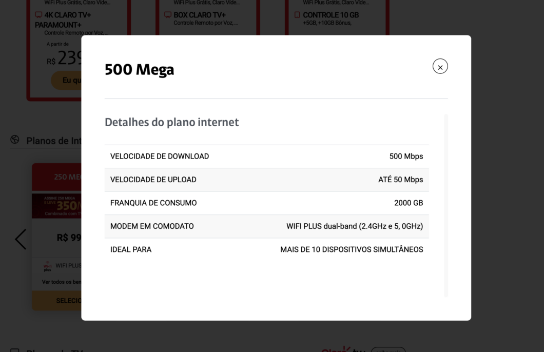 Claro updated the website and reduced the upload to 50 Mb/s in a 500 Mb/s plan 