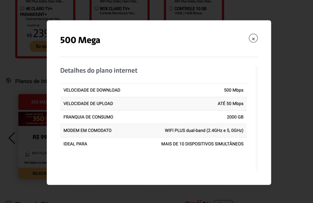 Claro 500 Mega, Planos de Internet 500 Mega