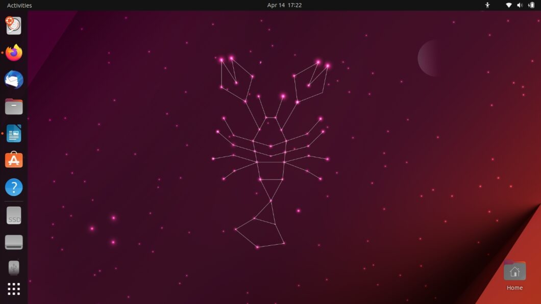 Ubuntu 23.04 "Lunar Lobster" com o wallpaper da versão (imagem: Emerson Alecrim/Tecnoblog)
