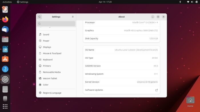 Ubuntu 23.04 settings area with kernel version (image: Emerson Alecrim/DIGITALTREND)