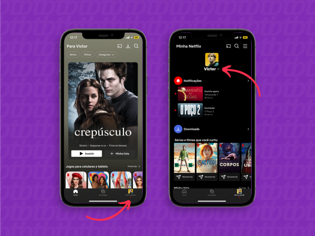 Acesse sua conta na Netflix e toque no nome de usuário para criar um novo perfil (Imagem: Reprodução/Netflix)