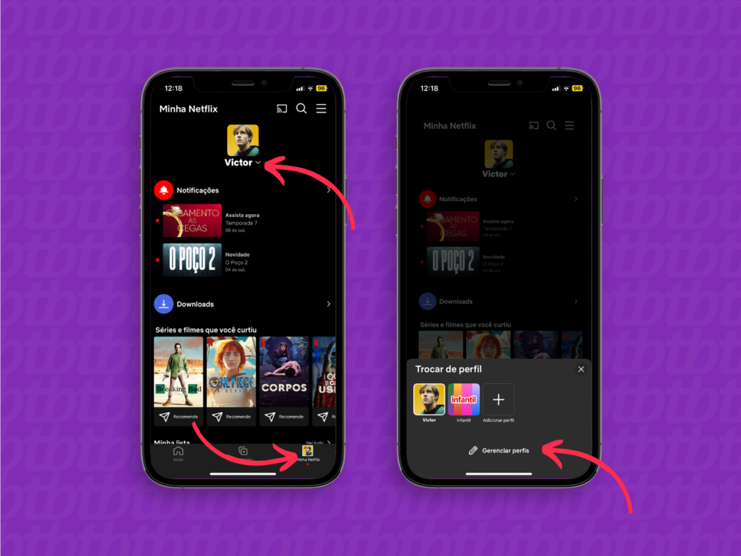 Acesse a opção "Gerenciar perfis" para editar ou excluir um perfil (Imagem: Reprodução/Netflix)