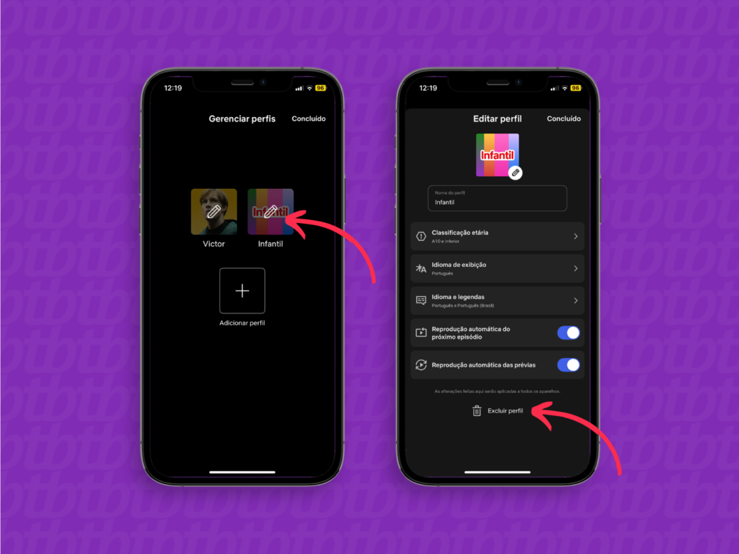 Toque no lápis para editar um perfil ou exclua da sua conta (Imagem: Reprodução/Netflix)