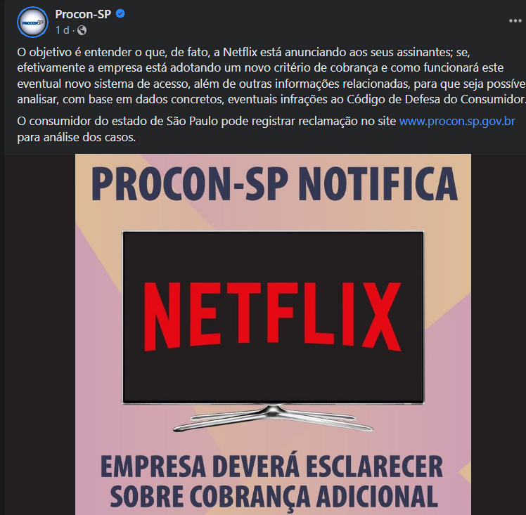 Print de postagem do Procon-SP sobre Netflix