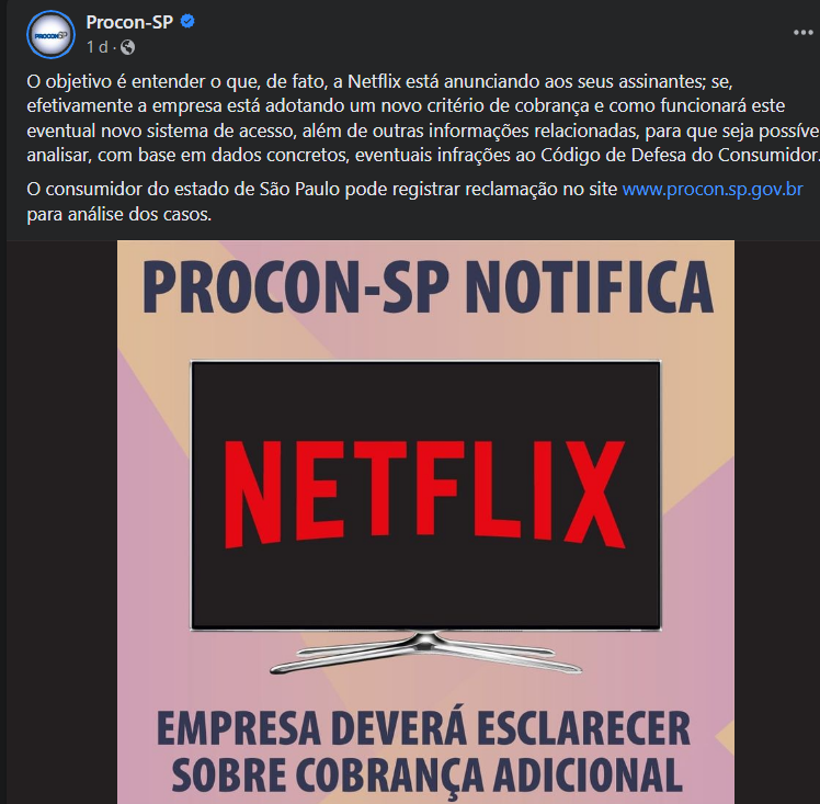 Procon notificará Netflix (NFLX34) sobre compartilhamento de