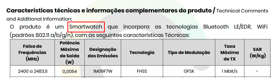 Documento de conformidade técnica confirma que produto é um smartwatch (Imagem: Reprodução/Tecnoblog)