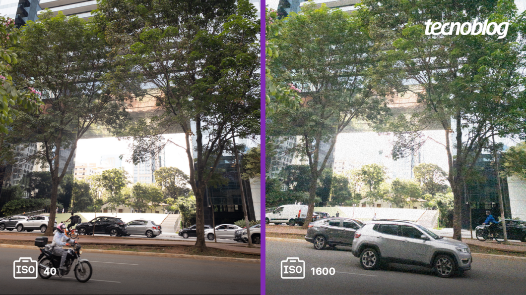 Duas fotos da mesma avenida, lado a lado, com valores ISO diferentes (40 e 1600)
