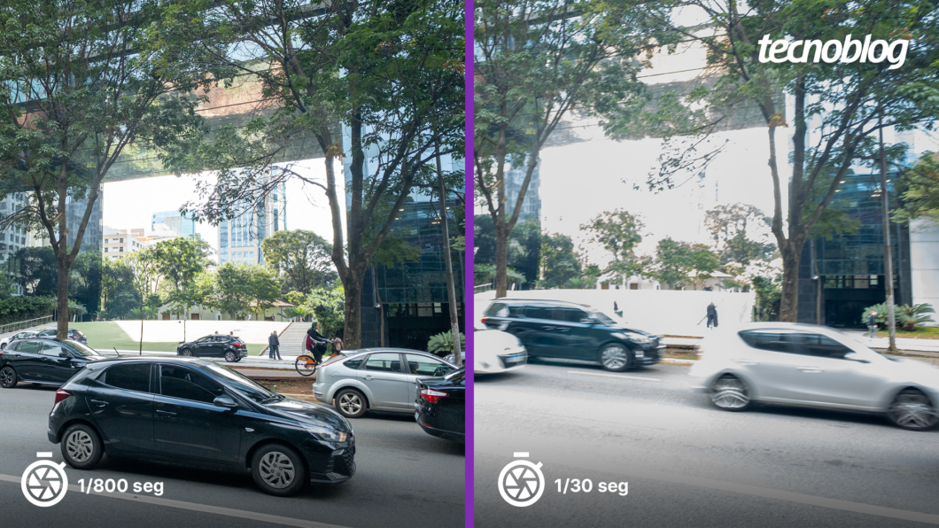 Duas fotos da mesma avenida, lado a lado, com velocidade de obturador diferentes (1/800 segundo e 1/30 segundo)