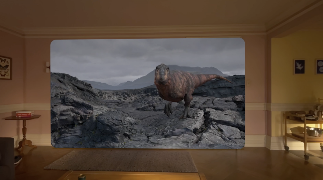 Dinossauro “invade” a sala em degustação do Apple Vision Pro (Imagem: Divulgação/Apple)
