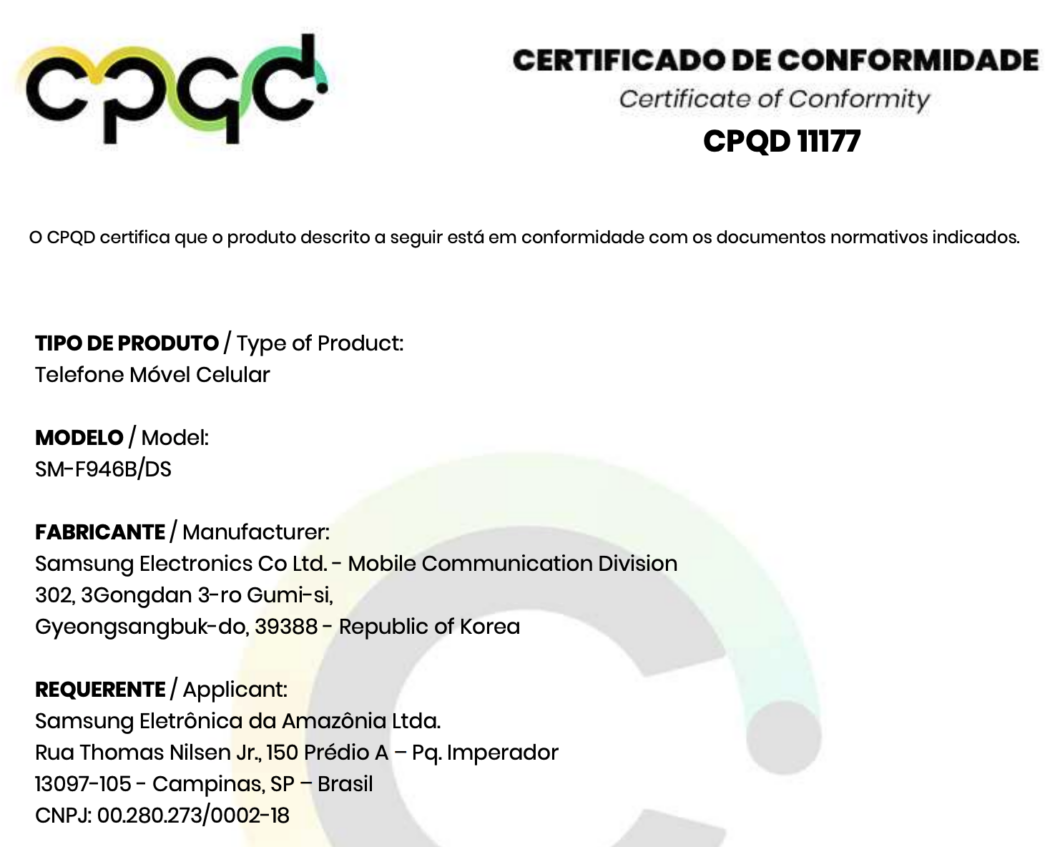 Certificado de conformidade expedido pelo CPDQ para o Galaxy Z Fold