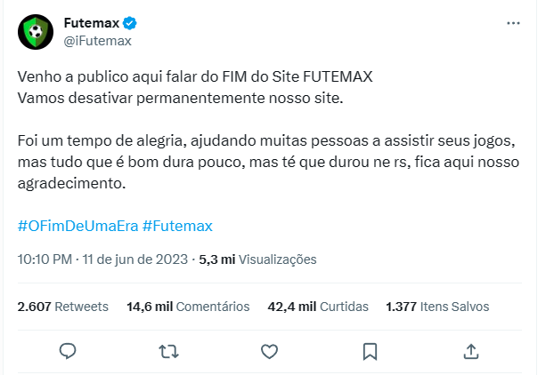 Futemax informou fim do site no Twitter (Imagem: Reprodução/Tecnoblog)