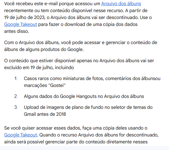 Email enviado pelo Google informando o fim do Arquivo dos Álbuns (Imagem: Reprodução/Tecnoblog)